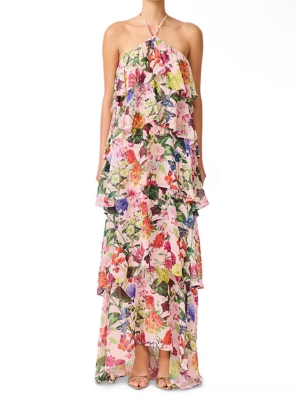 Elliatt Mirabelle Tiered Layered Flouncy Halter Ruffle Maxi Dress Floral Multi